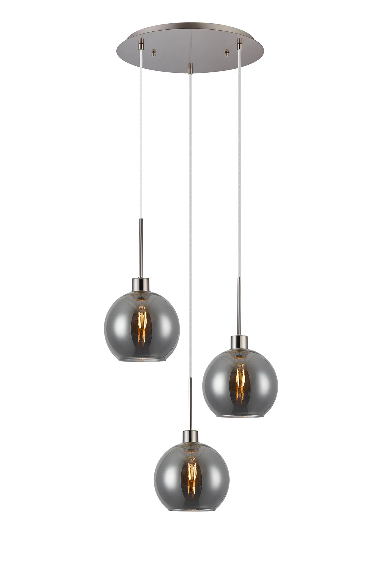 Lori 40cm Round Pendant, 3 Light Adjustable E27, Satin Nickel/Smoke Open Mouth Round Globe Shades DK1367  Deco Lori Satin Nickel